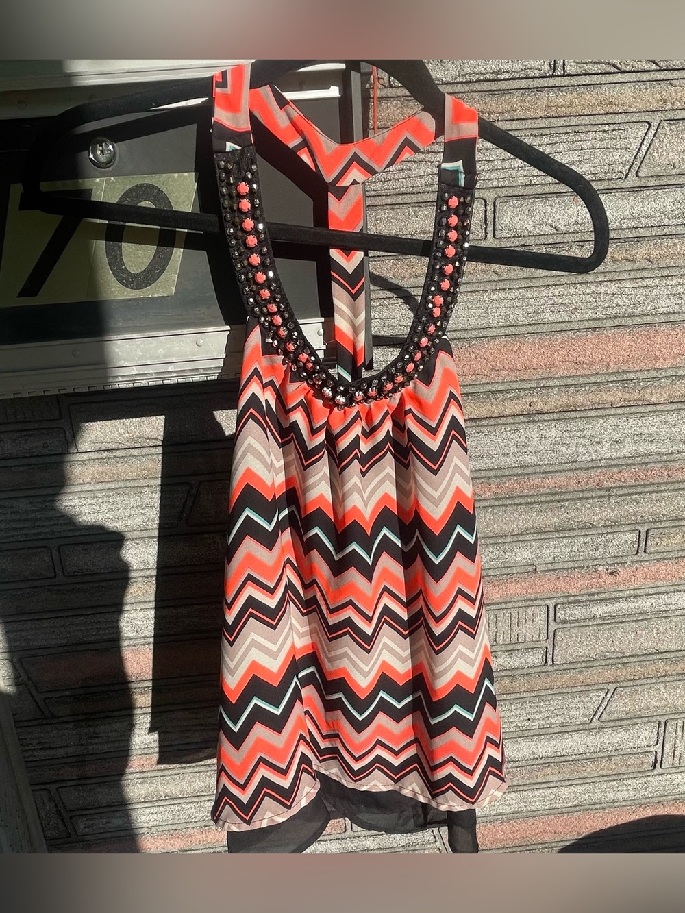 Charlotte Russe Coral, Black & Cream Chevron Beaded Halter Tank XL